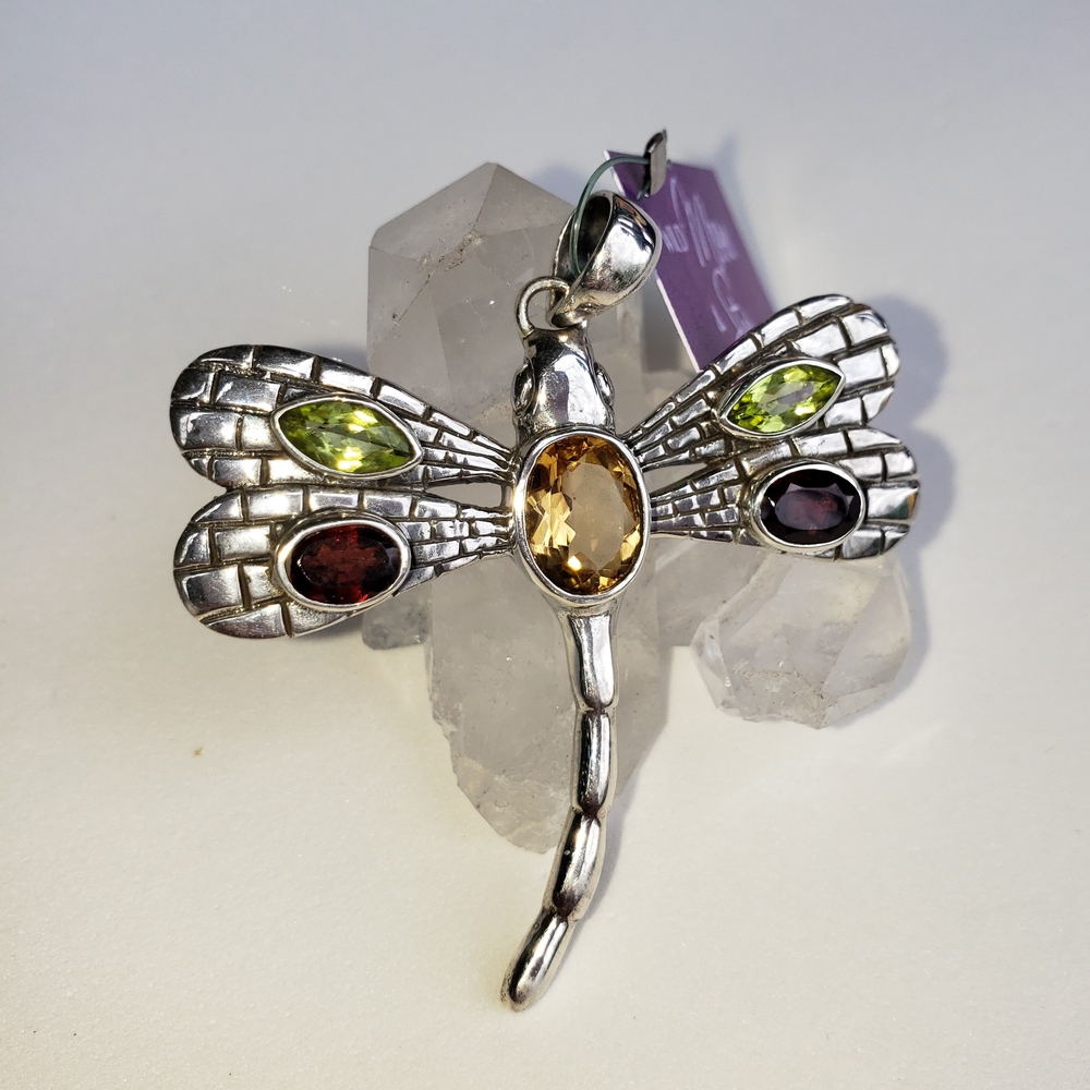 Dragonfly Pendant .925 Sterling Silver with Multicolor Gemstones